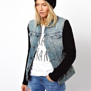 Denim Jacket with Knit Sleeves